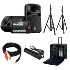 Sonorisation Yamaha avec table de mixage intégrée, valise de transport, deux trépieds, multiprise câble mini-jack, pour toutes les fêtes