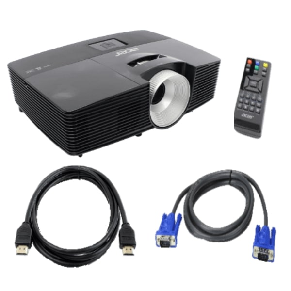 Vidéoprojecteur 3000 lumens avec sa télécommande, un cable HDMI et un câble VGA