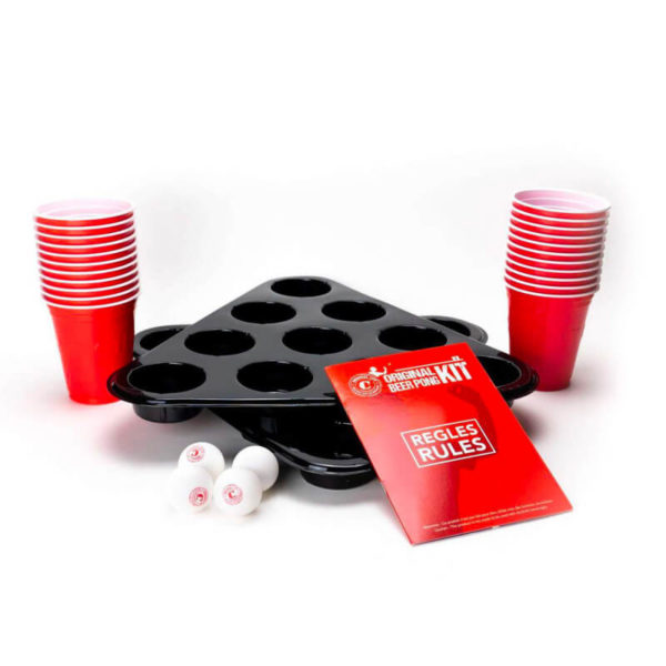 Kit beer pong avec deux supports pour gobelets, des gobelets, des balles de ping pong et une règle du jeu