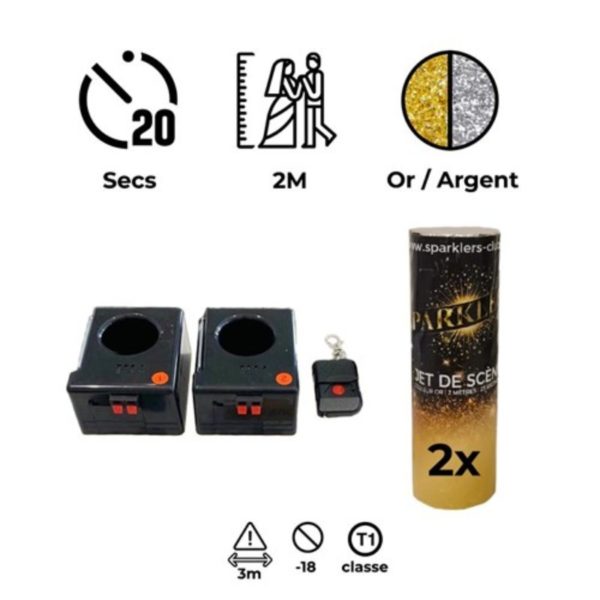 kit jets de scène avec les supports, la télécommande et informations sur la durée (20sec) la taille (2m), la couleur (or ou argent).